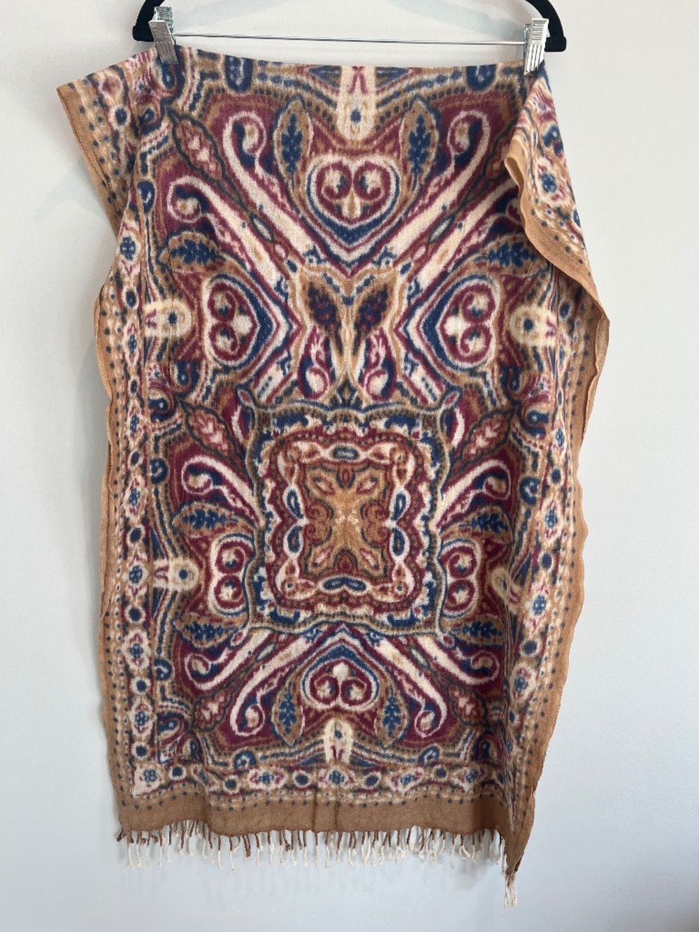 Vintage 90s Lucky Brand 100% Wool Paisley Scarf Fringe Boho Shawl Wrap
